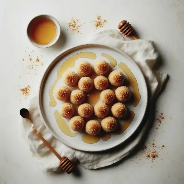 Delicious tahini honey puffs with cinnamon pears, offering a crunchy texture, rich flavor, and a satisfying vegan dessert option.